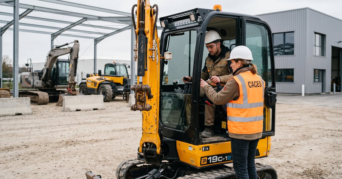 Engin de chantier avec certification CACES sur un chantier de construction en activité