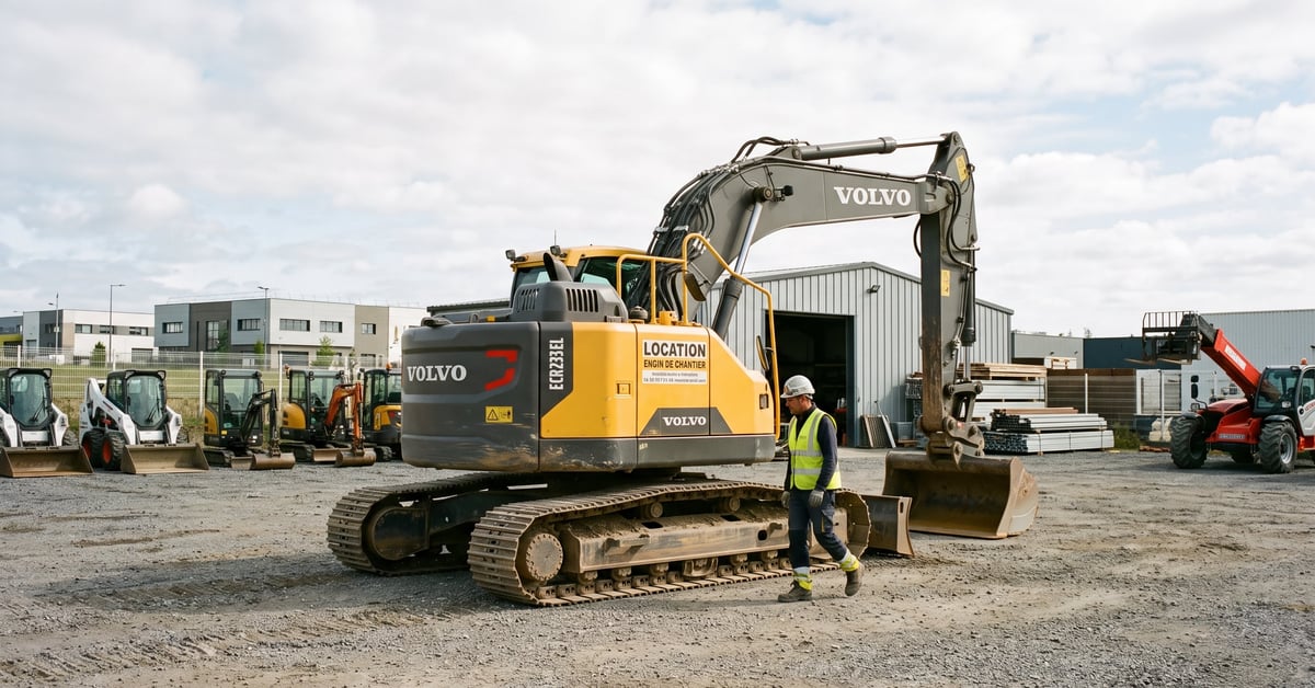 Engin de chantier en location sur un chantier de construction, pelleteuse et grue industrielle