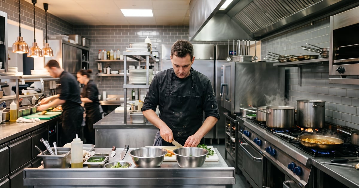 Équipement cuisine professionnel : plan de travail inox, fours et matériel de chef en cuisine commerciale