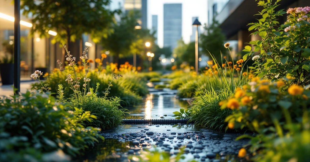 Infrastructure verte de gestion des eaux pluviales en milieu urbain, noues végétalisées et bassins de rétention naturels