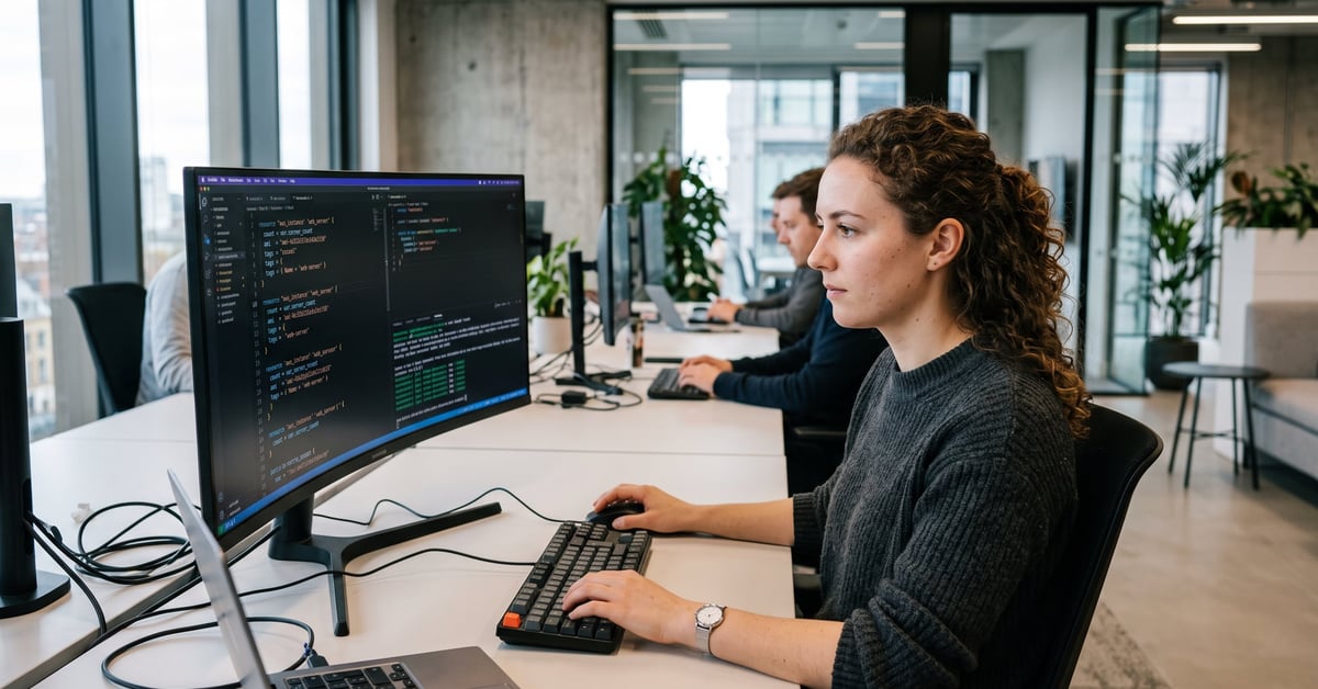 Infrastructure as code : écrans de code sur serveurs modernes, illustration des enjeux numériques en France