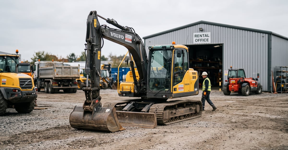 Engin de chantier en location sur un chantier de construction, pelleteuse en action