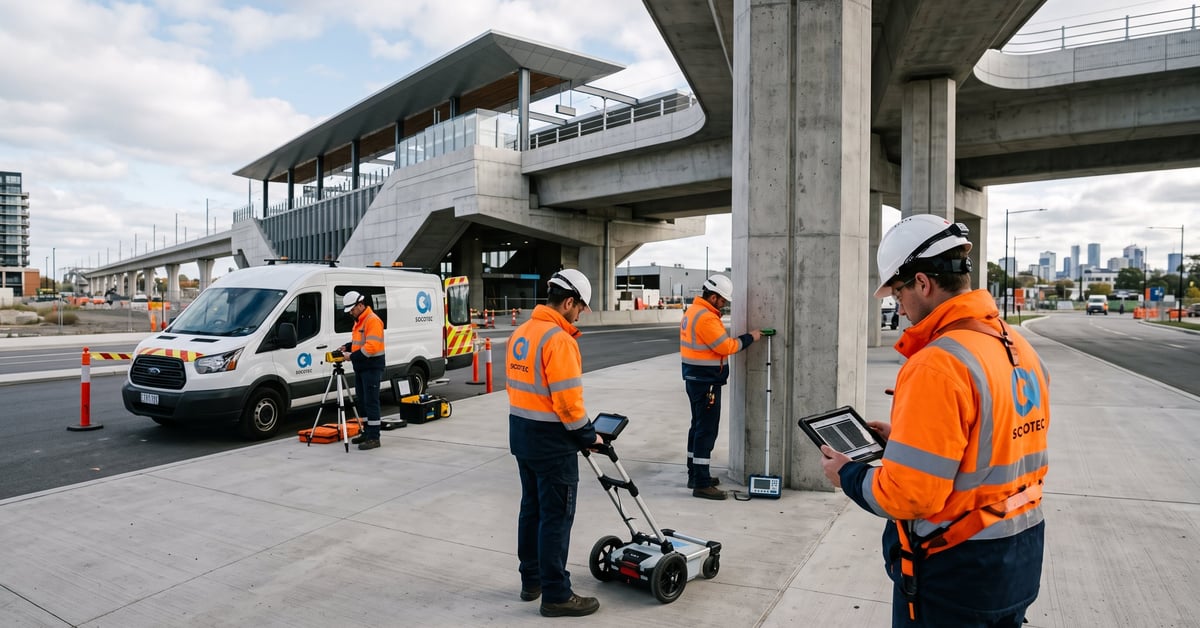 Expert SOCOTEC Infrastructure inspectant un ouvrage d'art lors d'une mission de contrôle technique