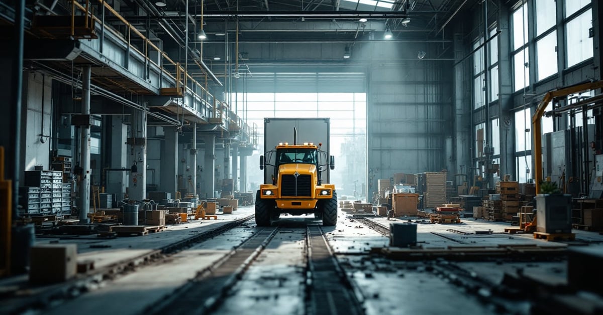Transport d'un engin de chantier sur camion plateau en milieu professionnel
